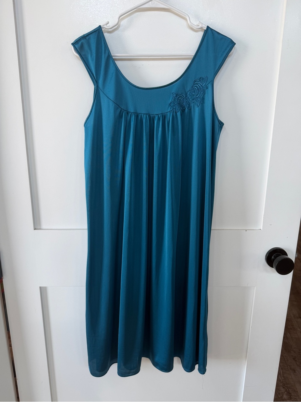 Vintage Lorraine M  Sleeveless Teal Nightgown with Floral Detail